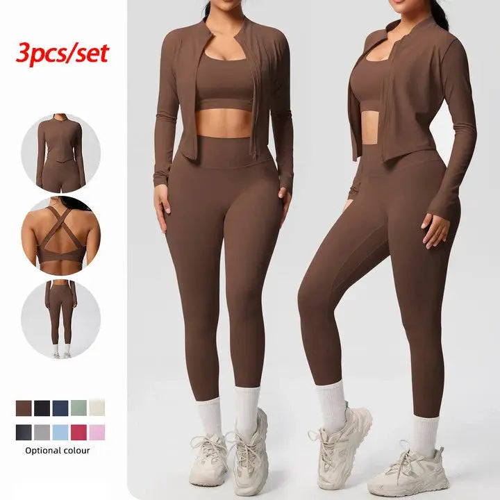 3 Piece Yoga Set for Women Sports Bra Zipper Jacket Leggings Gym Wear