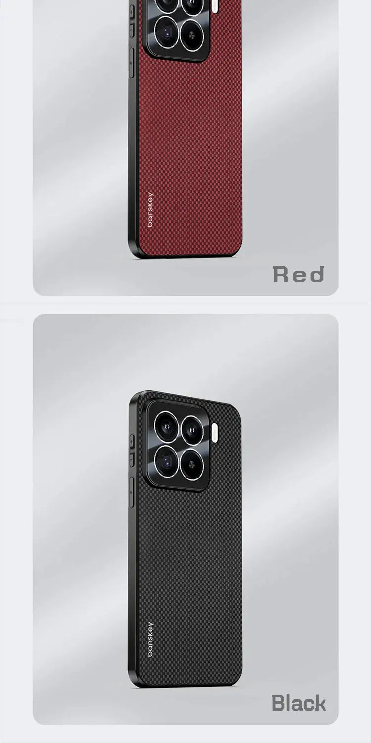 Two Sanskey carbon fiber phone cases in red and black with shockproof camera bumper for Xiaomi Mi 15T/14T Pro series