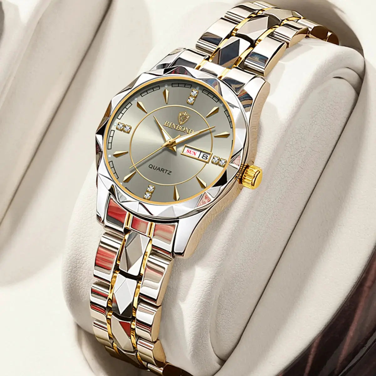 BINBONG women's luxury quartz watch, two-tone stainless steel bracelet with gold accents and date display