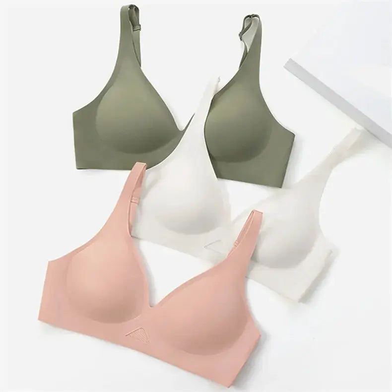 Wire-free bra set in olive green, white, and blush pink; seamless bras, 3-pack
