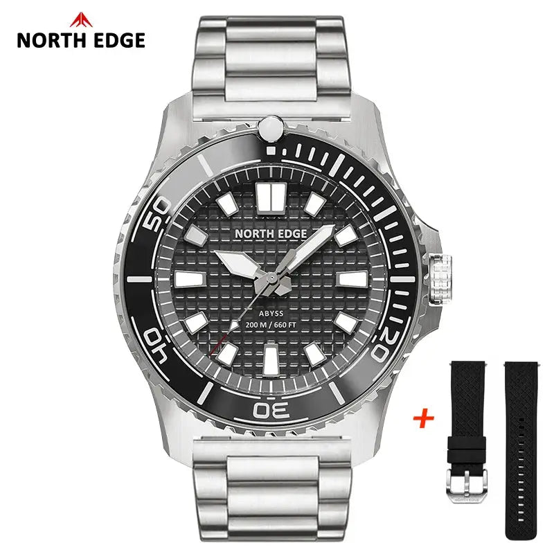 North Edge Abyss solar-powered diving watch with 316L steel case, black dial, 200m water resistance, plus extra strap
