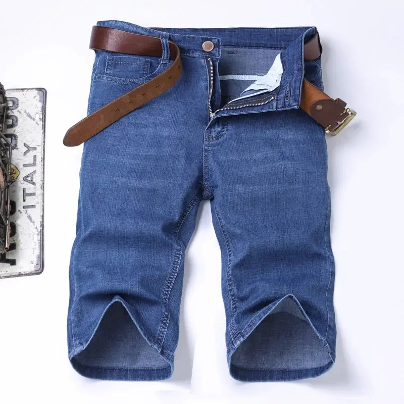 Men's blue denim shorts with brown belt, slim fit, zip fly for casual summer wear