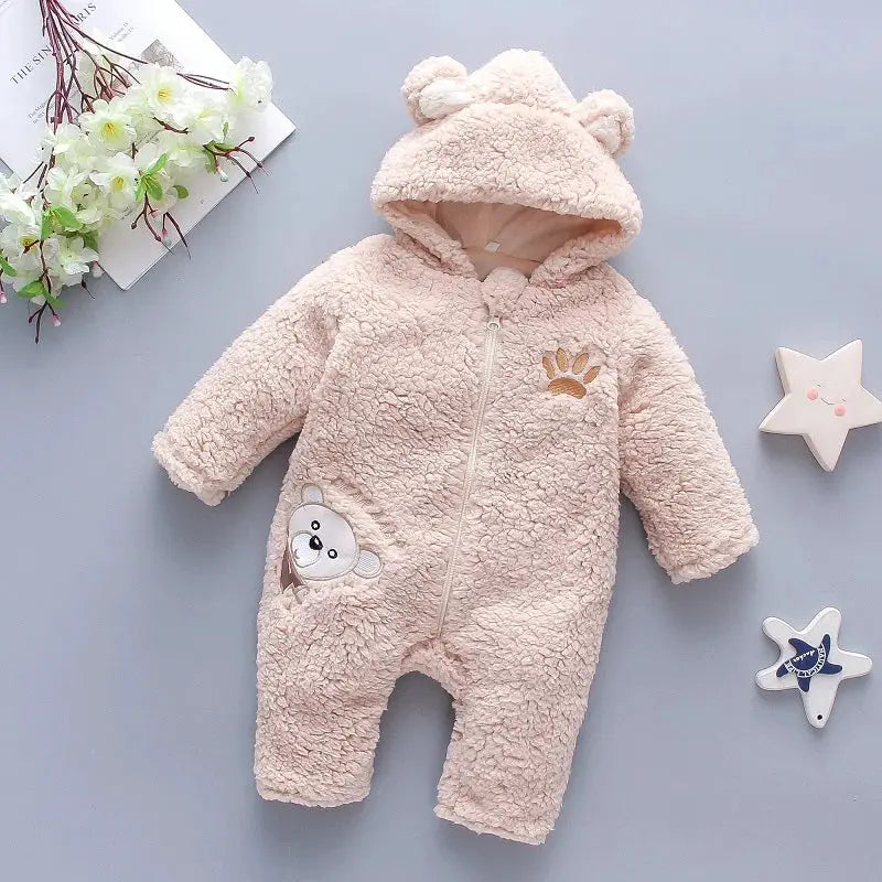 Lamb Hair Baby Jumpsuit With Cartoon Bear Embroidery Hooded Thickened Winter Crawling Suit For Girls 0 To 1 Year