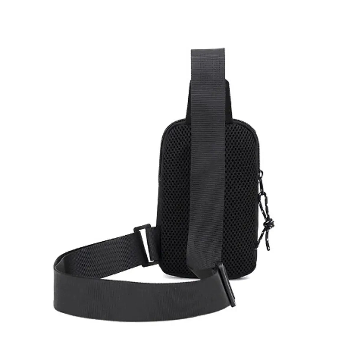 Simples Market men's crossbody bag, black Oxford-style small messenger purse with mesh back panel and adjustable strap.