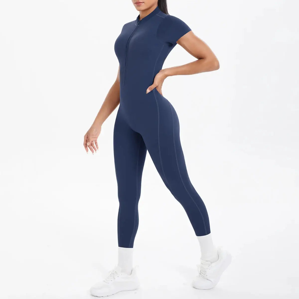 Bodycon jumpsuit in navy blue with zip-front for dance fitness