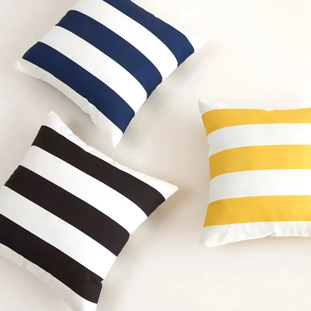 Waterproof outdoor striped pillow covers set; navy, black, and yellow, 3-piece