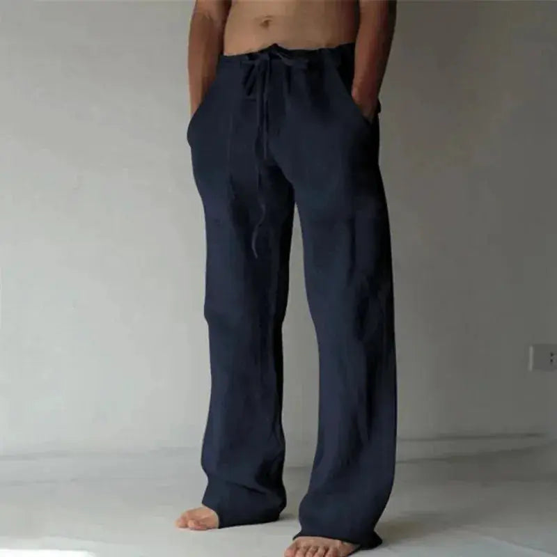 Men's Cotton Linen Long Pants Solid Color Summer Breathable Trousers Elastic Waist Casual Harajuku Style