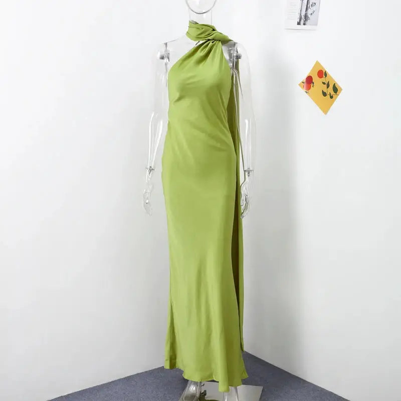 Glamouria Satin Ribbon Party Dress Halter Backless Off Shoulder Sleeveless Gown For Summer Events