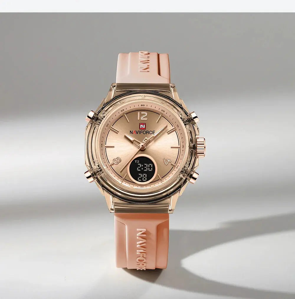 NAVIFORCE women's watch with rose-gold case and pink rubber strap, analog-digital dual time display