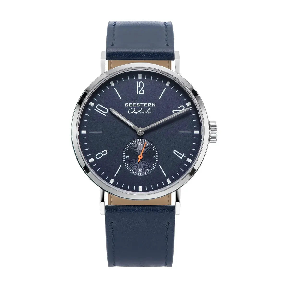 SEESTERN men's automatic wristwatch with navy dial, silver case and blue leather strap