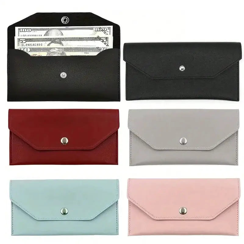 Six leather envelope wallets with card slots and snap closures in black, red, gray, light blue and pink