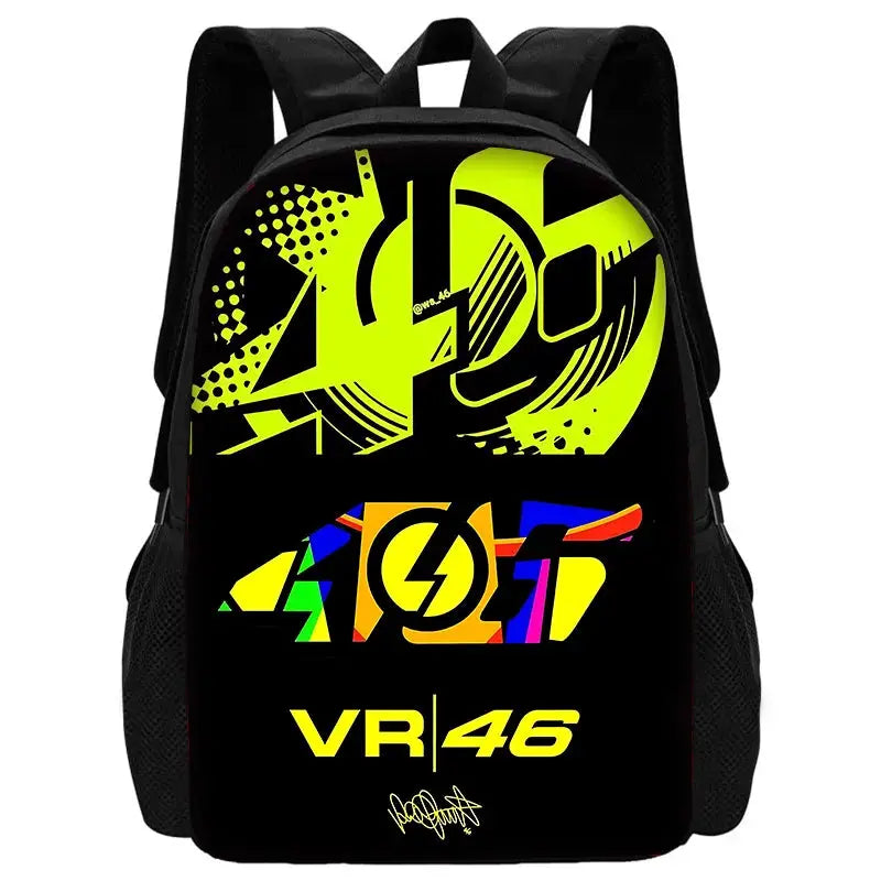 Backpack for kids with black base and neon yellow VR46 graphics