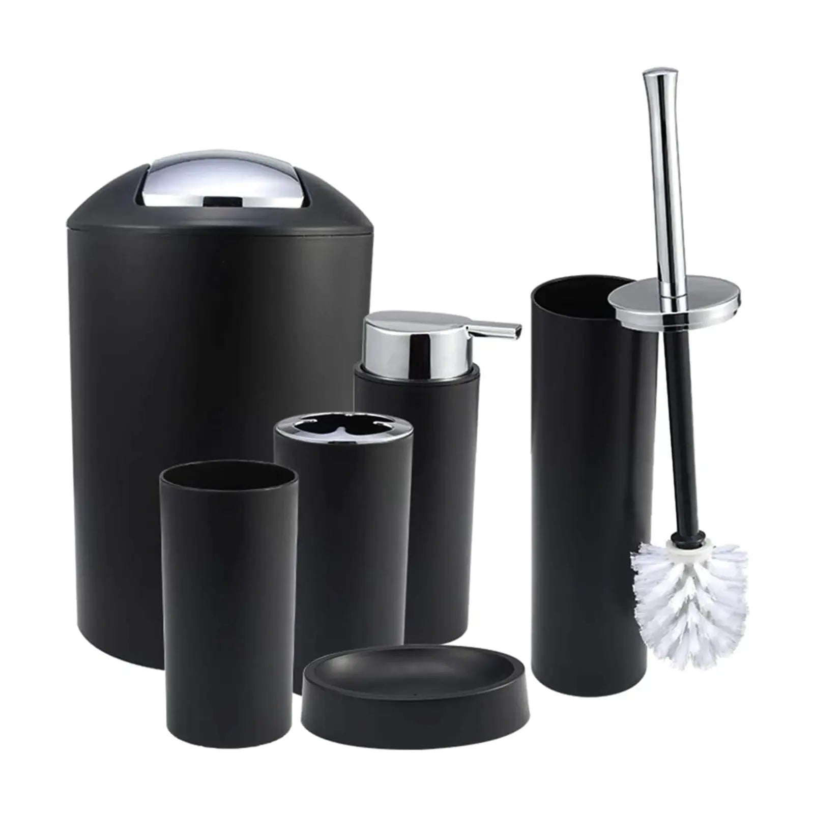 Simples Market 6pc black bathroom set: trash can, lotion dispenser, toothbrush holder, soap dish, toilet brush & holder.