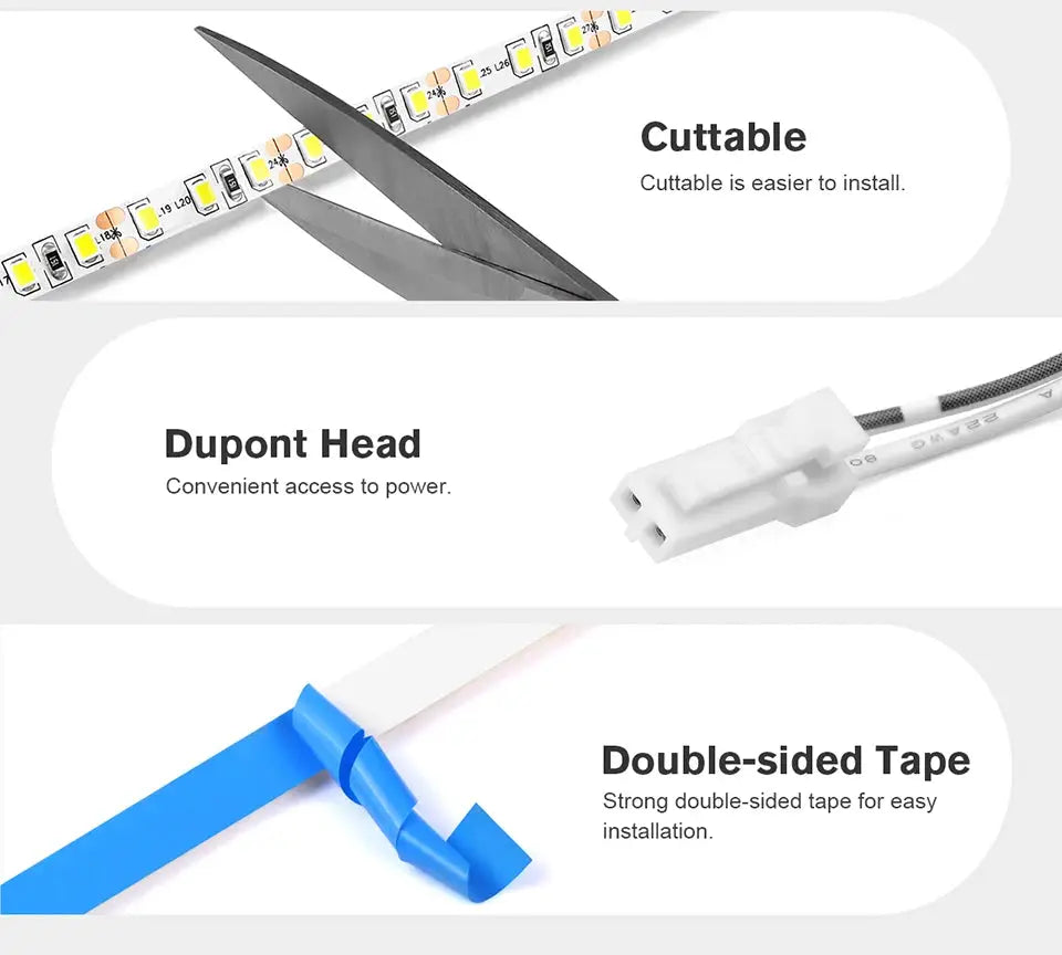 Simples Market Dupont LED strip light, 12V high-density flexible tape with white connector and blue double-sided mounting tape.