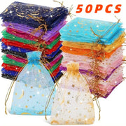 50Pcs Moon Stars Drawstring Organza Bags Jewelry Gift Pouches Gold Star Moon Pattern For Christmas Wedding Favors