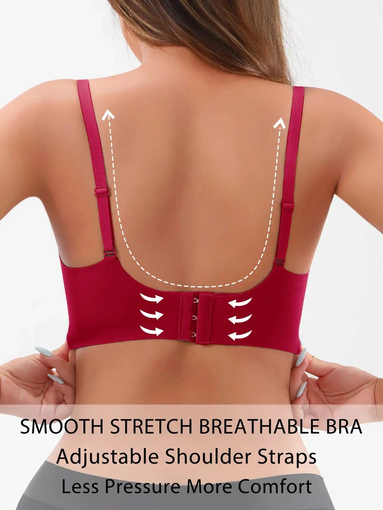 Seamless wire-free padded bralette in pink-red with adjustable straps and back hook closure