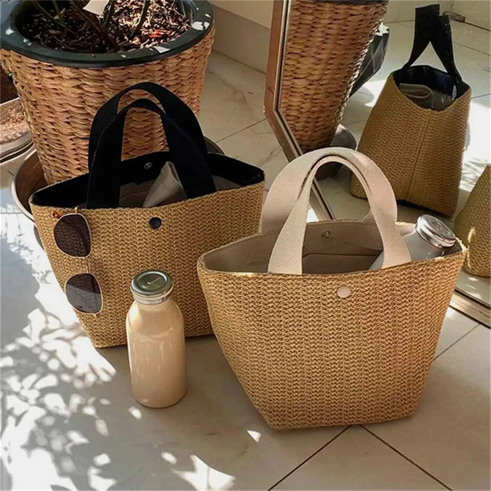 Straw woven handbag set: three beige tote bags with top handles for beach casual style