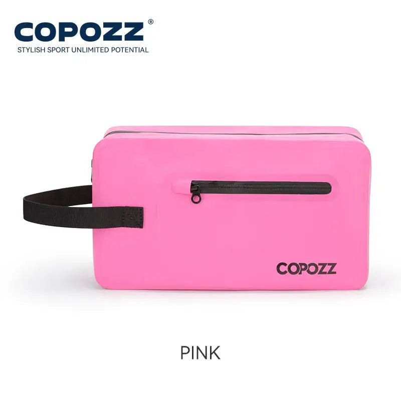 Pink COPOZZ gym bag with black zipper pocket and carrying strap