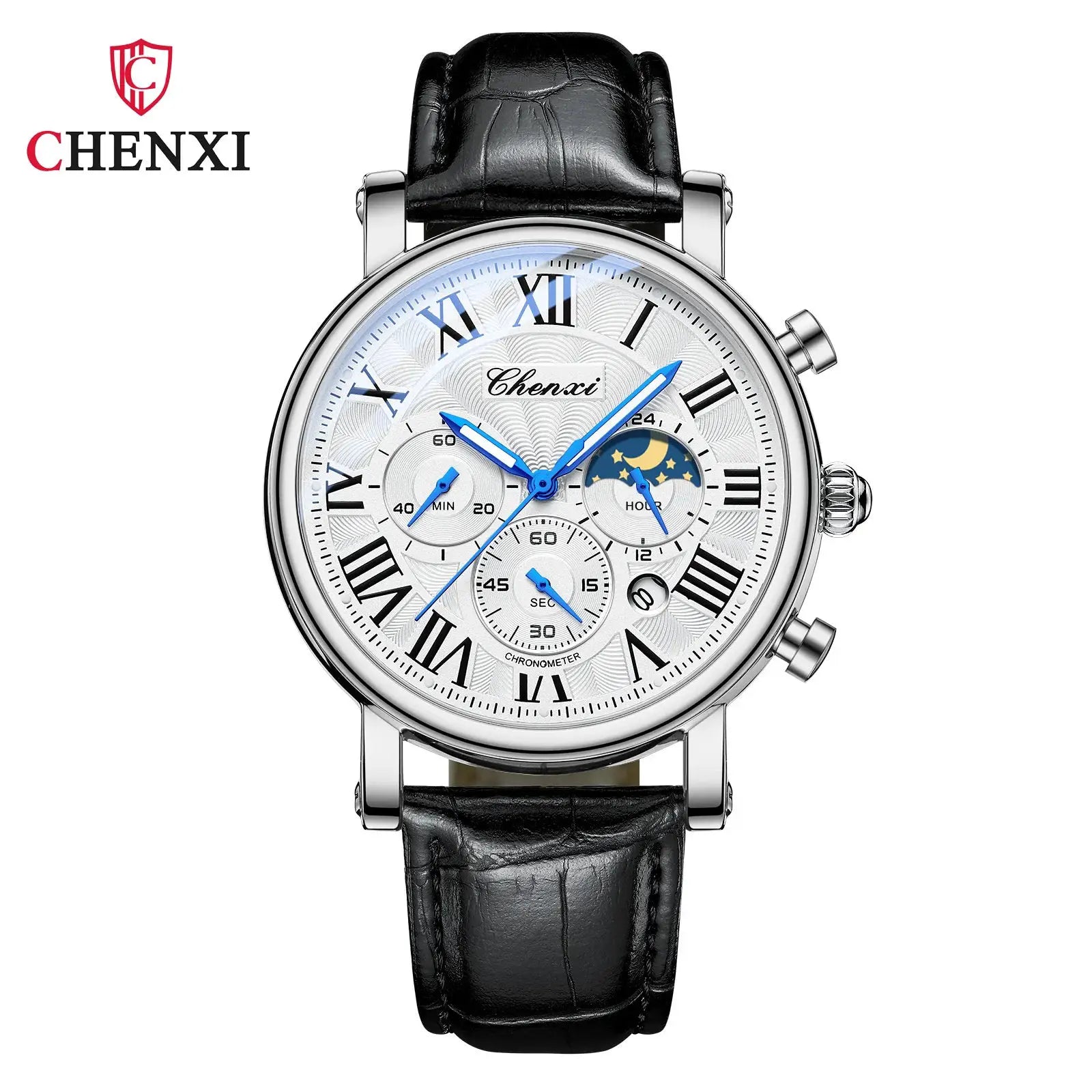 Chenxi 973 Moon Phase Date Analog Mens Wristwatch With Water Resistant Leather Strap And Imported Quartz Movement