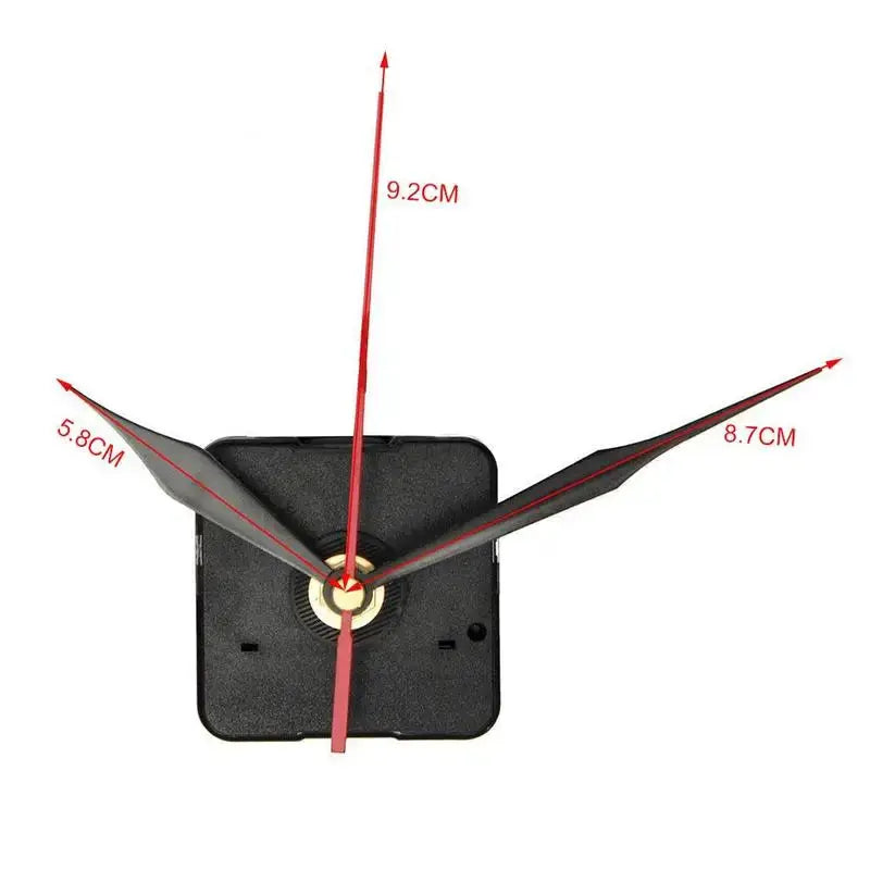 Clock mechanism with red hands on a black square housing; quartz movement for DIY repair