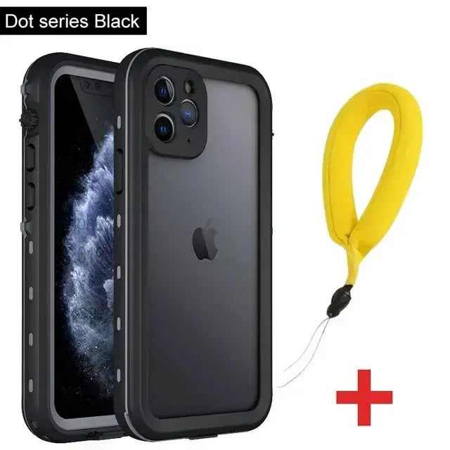 IP68 waterproof clear iPhone case with shockproof design and yellow lanyard