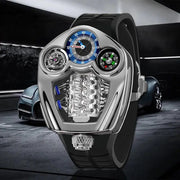 PINDU Design men's luxury quartz watch with silicone strap, blue dial, compass, and exposed mechanism