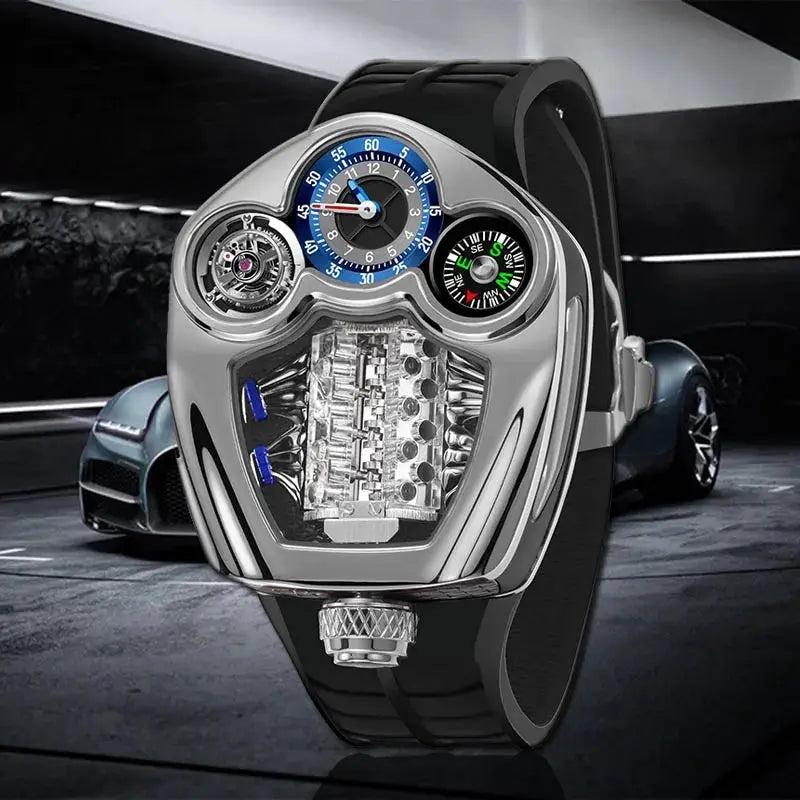 PINDU Design men's luxury quartz watch with silicone strap, blue dial, compass, and exposed mechanism