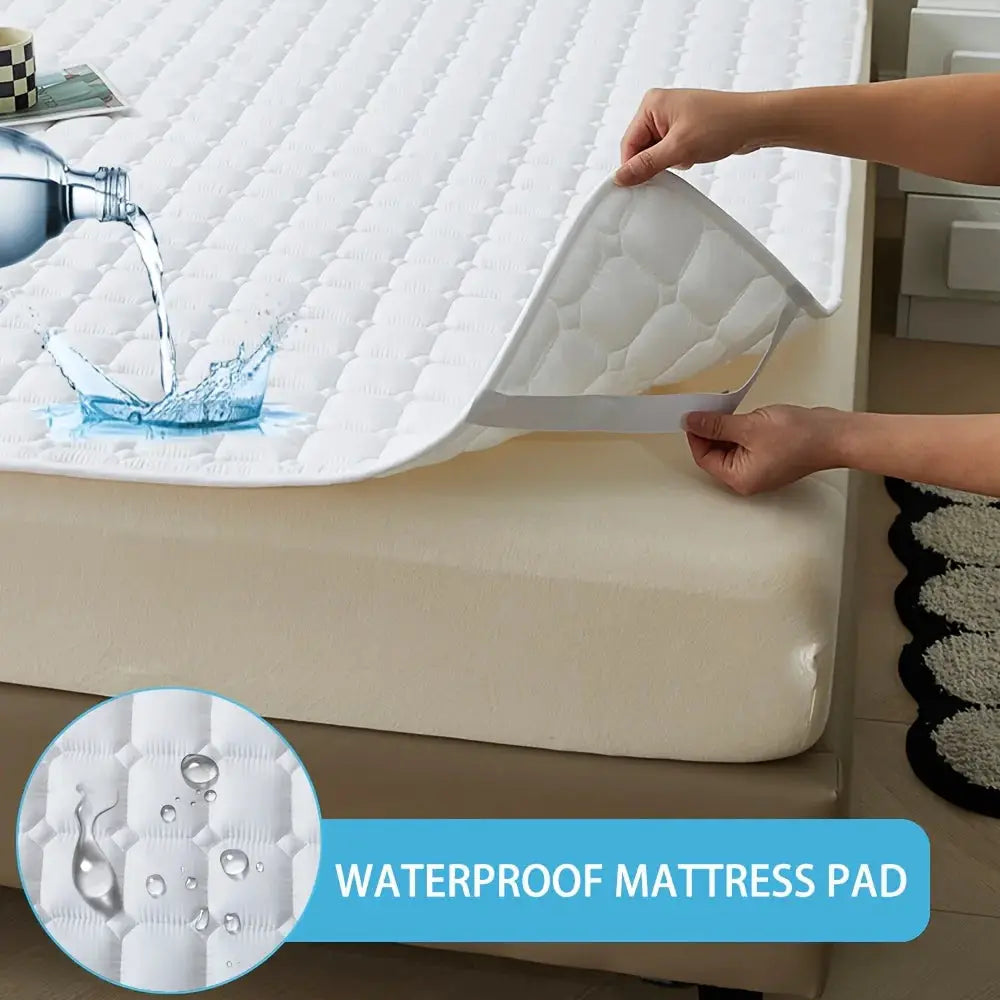 Waterproof quilted mattress protector cover, white, thickened breathable pad for single or double bed