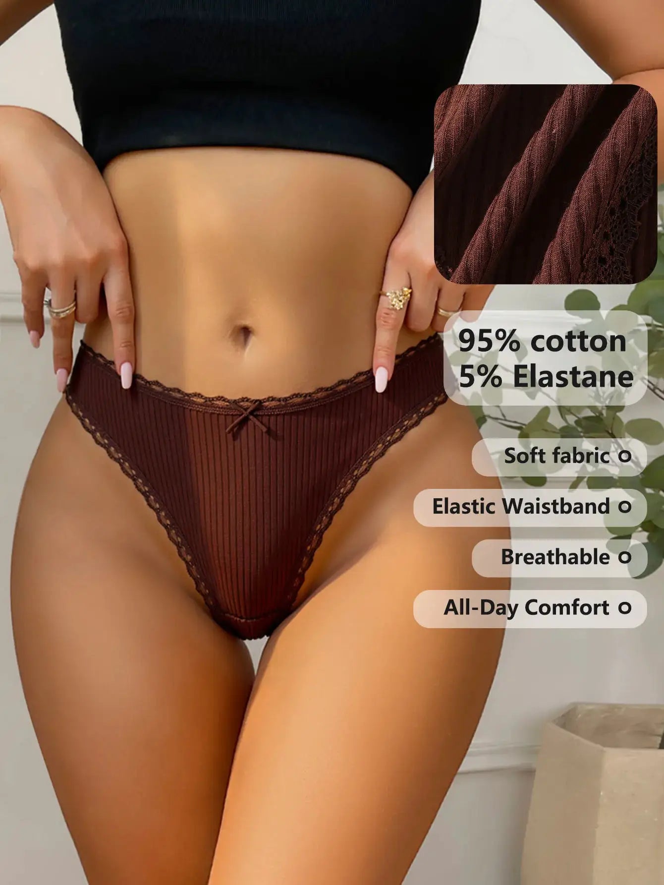 7-piece brown lace thong set by Simples Market, cotton-elastane women’s underwear