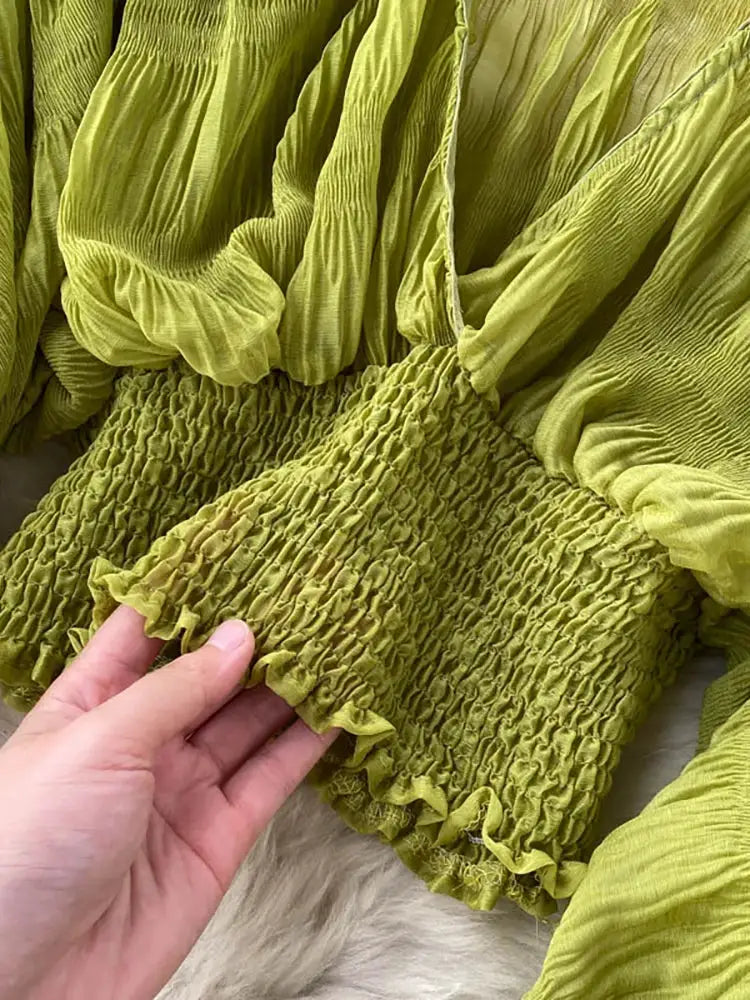 Simples Market lime green draped chiffon blouse with puff long sleeves and smocked waist