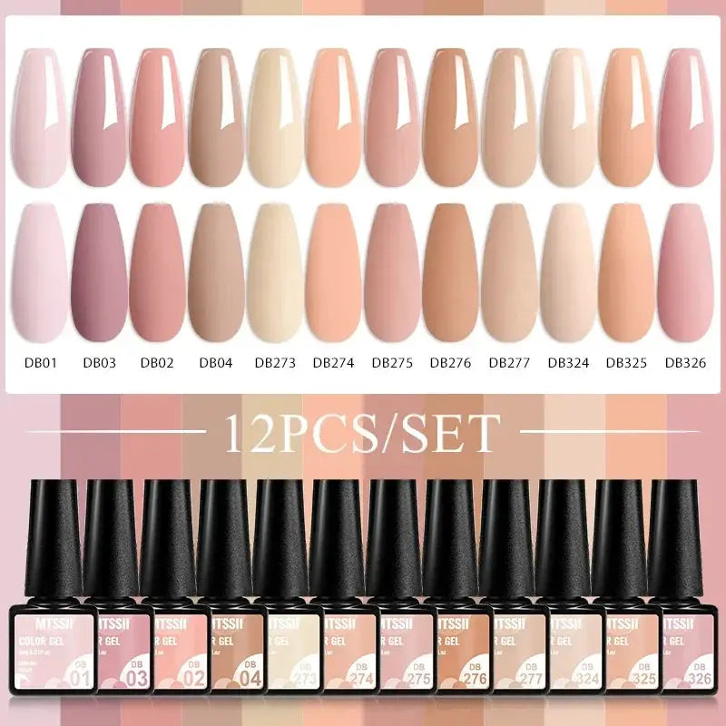 12pc MTSSII gel nail polish set by Simples Market in nude pink shades; soak-off UV gel varnish bottles