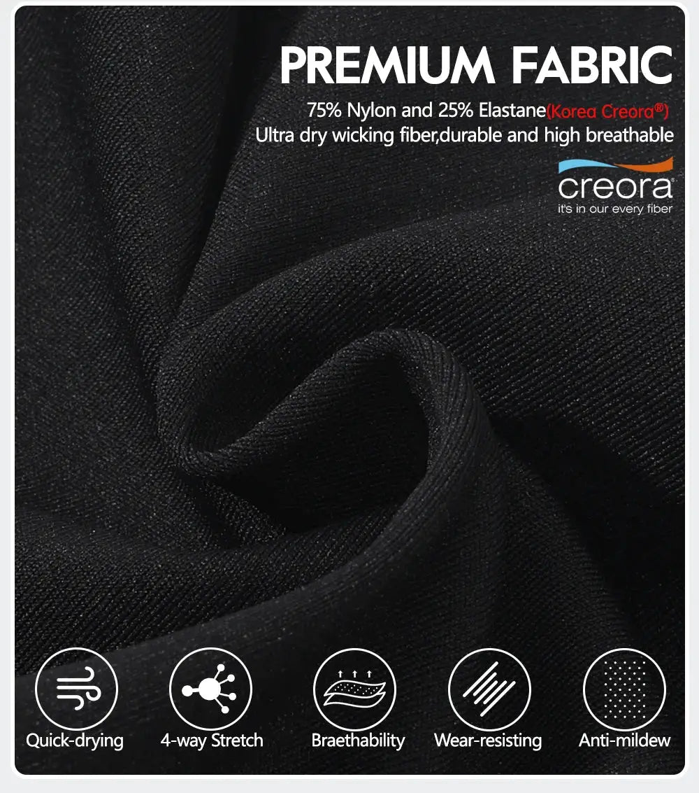 Black premium cycling fabric close-up with Creora logo; quick-drying, 4-way stretch, breathable.