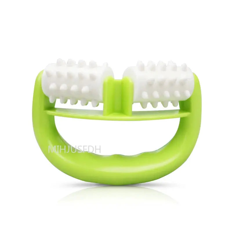 Handheld anti-cellulite massager roller by Simples Market, lime green frame with white textured rollers