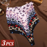 Three-pack women's ultra-thin seamless thong set in leopard and butterfly prints, assorted colors for everyday wear