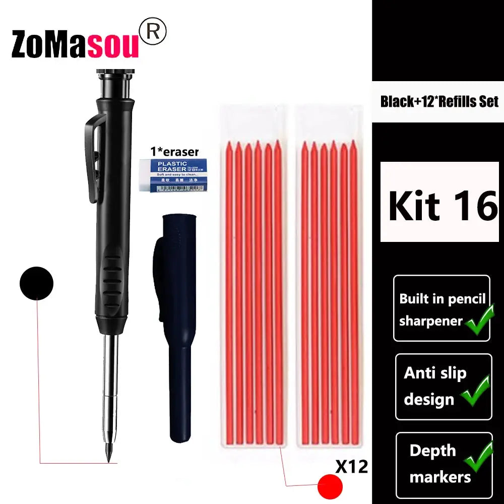 ZoMaSou Top Solid Carpenter Mechanical Pencil kit with long head, includes 12 red refills and built-in sharpener