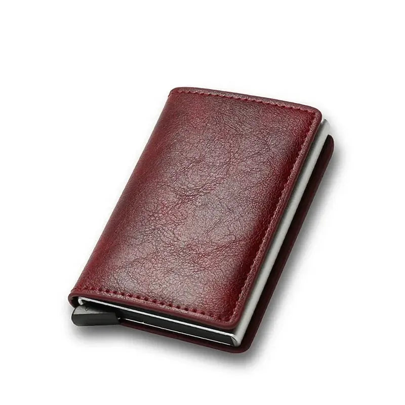 Anti-theft RFID card holder wallet in burgundy leather by Simples Market, slim minimalist design