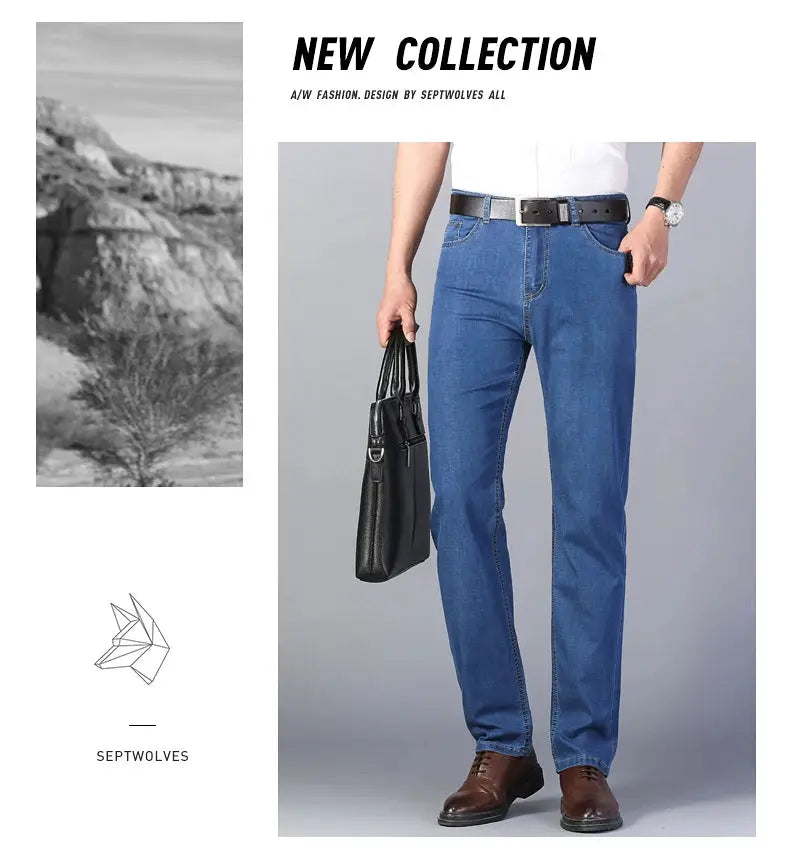 Men's blue denim jeans with stretch cotton; straight fit, casual business style, SEPTWOLVES logo.