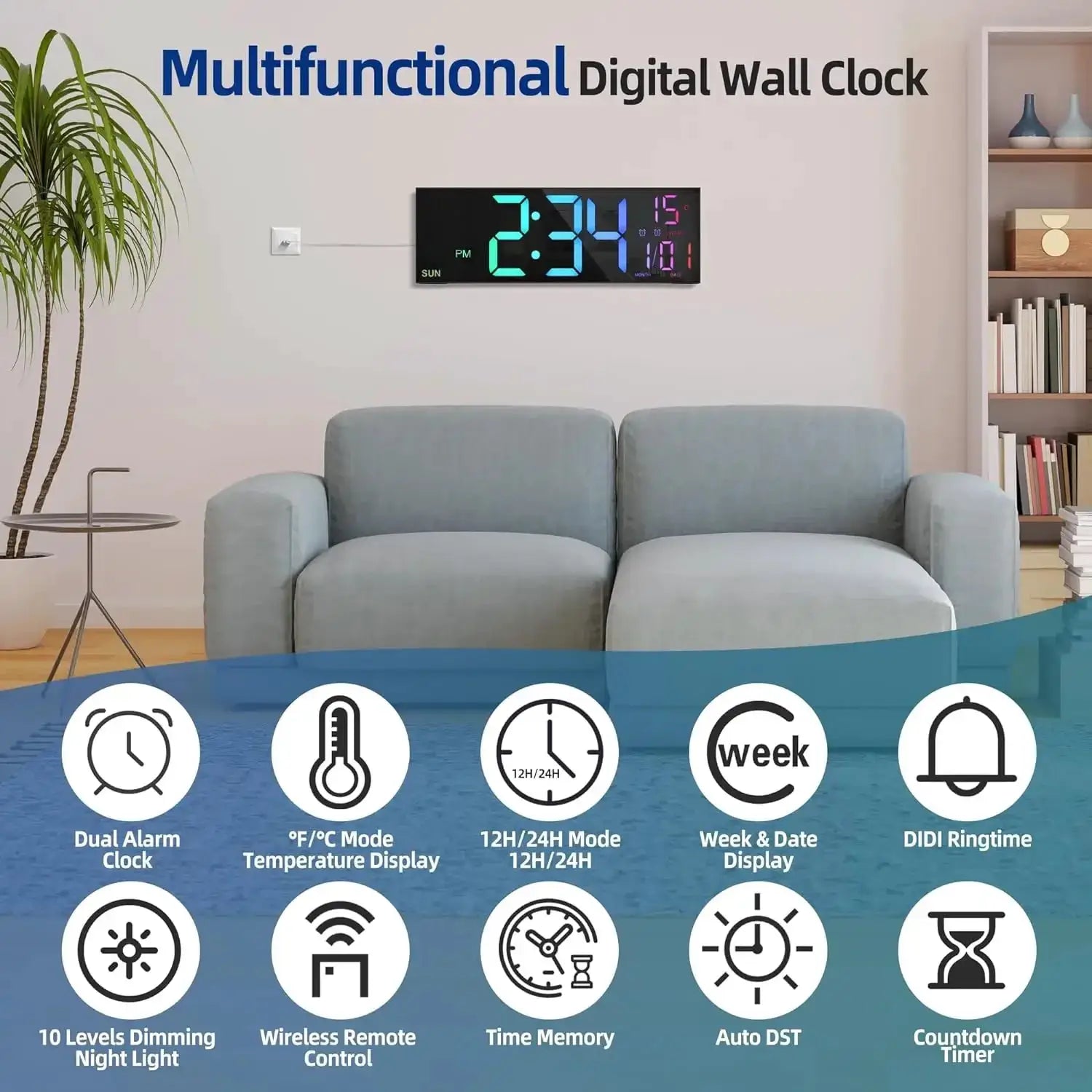 Simples Market 16.2-inch large digital wall clock with remote, 8 RGB color LED display and dual alarms