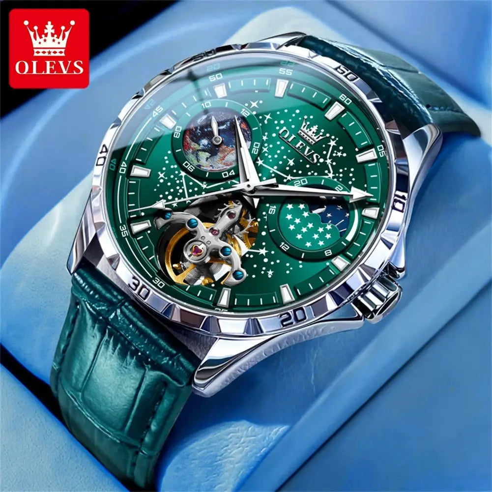 OLEVS Flywheel Skeleton Automatic Watch for Men with green starry-sky dial and green leather strap.