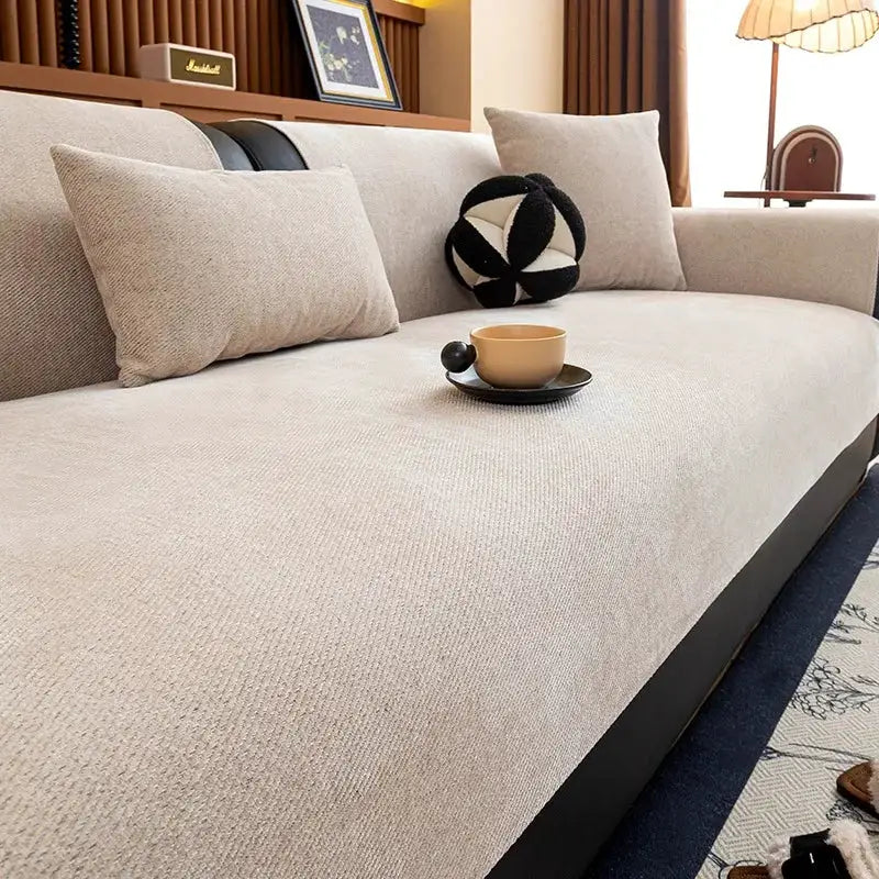 Minimalist twill chenille sofa slipcover in beige by Simples Market