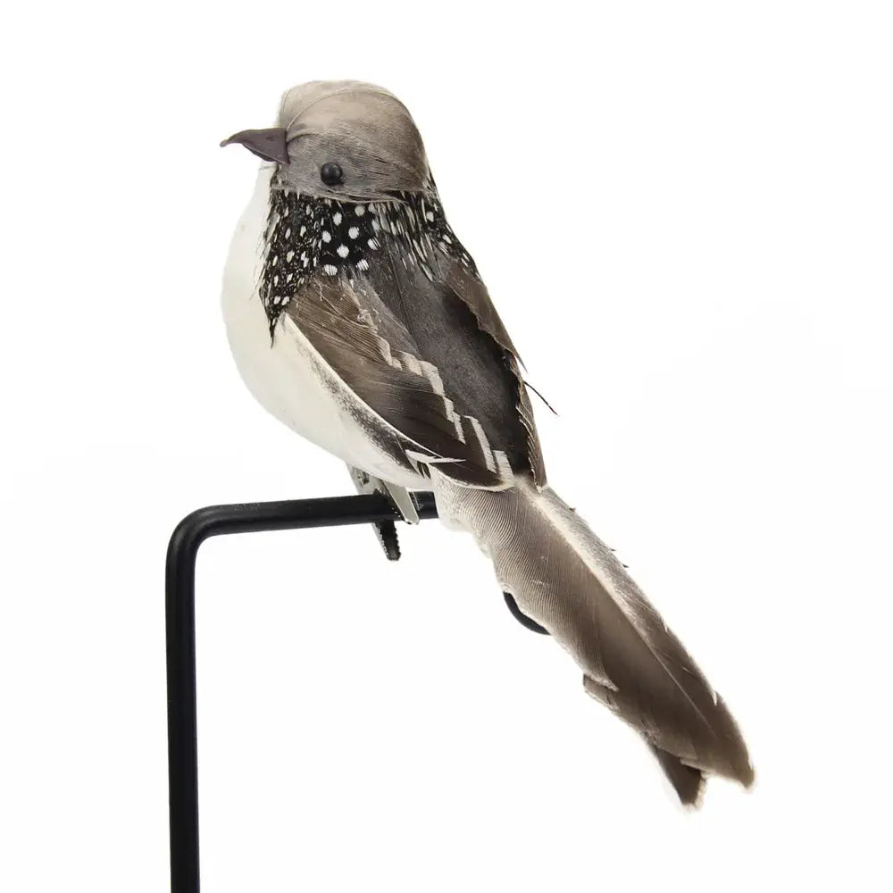 Simples Market artificial feather bird ornament, gray-brown sparrow perched on a black metal stand