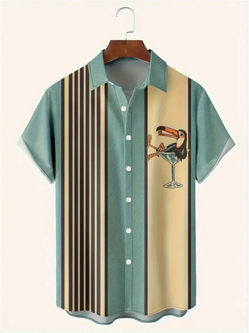 Simple Men's Shirt, teal short-sleeve with vertical stripe panels and parrot-in-a-cocktail graphic