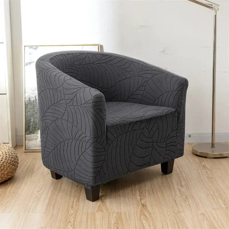 Elastic club chair cover in dark gray leaves jacquard fabric; single-arm chair slipcover