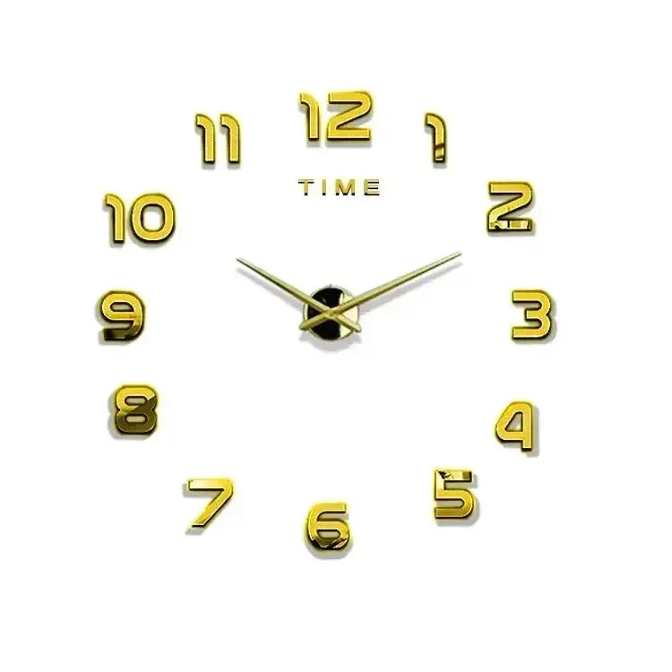 Gold 3D wall clock numbers with silver hands; decorative DIY room clock sticker set