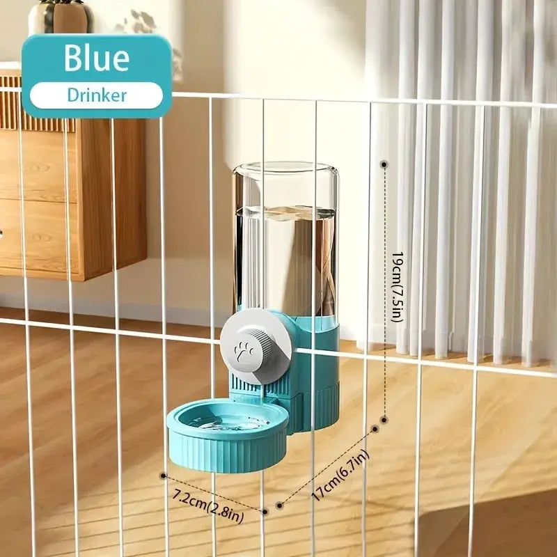 Hanging automatic pet feeder and water dispenser in blue with transparent reservoir and attached bowl for cage