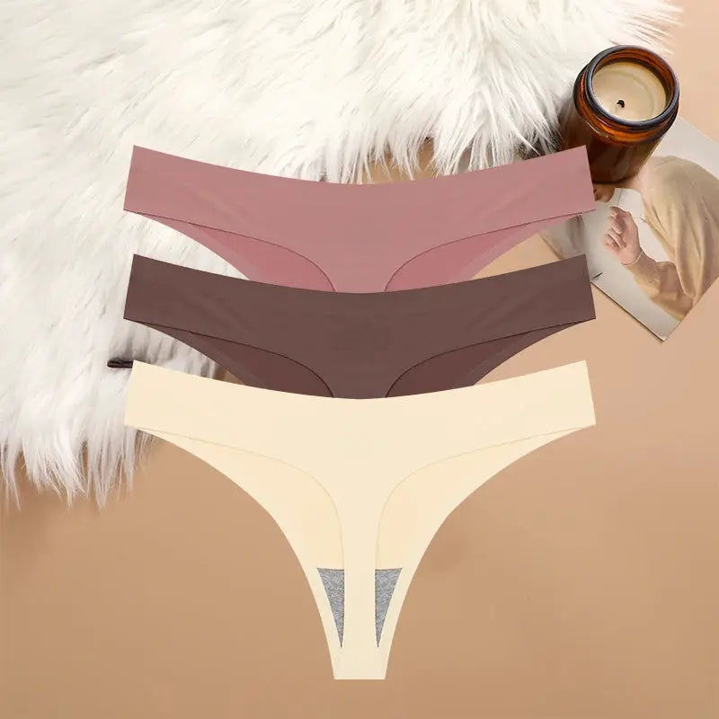 3-piece Simples Market breathable G-string underwear set; seamless low-waist T-back panties in pink, brown, nude