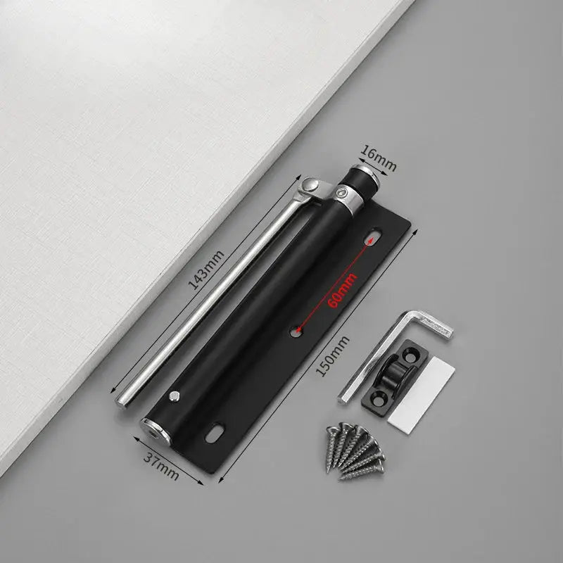 Door closer device; black body with metal rod, stainless steel construction, mounting plate and screws for residential use
