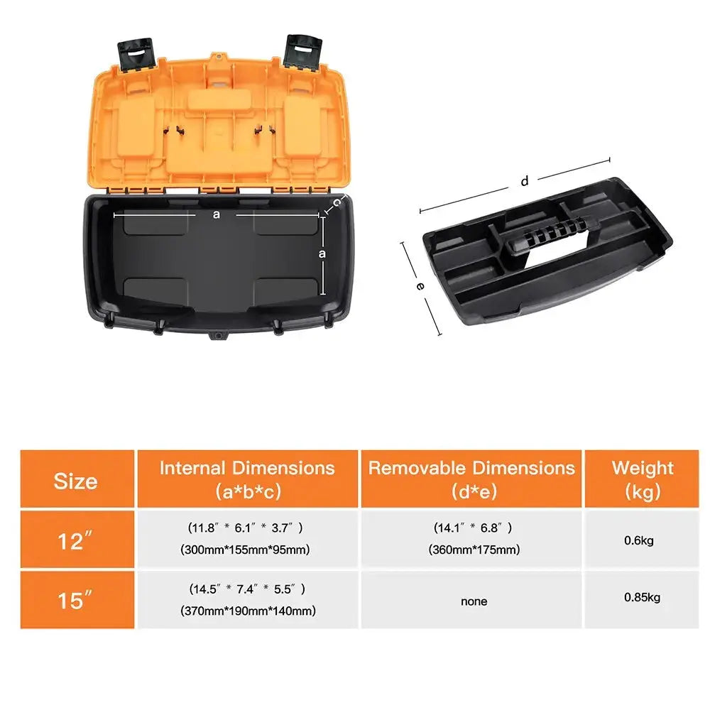 AIRAJ 15/12 inch plastic hardware tools box by Simples Market, orange lid and black storage case.