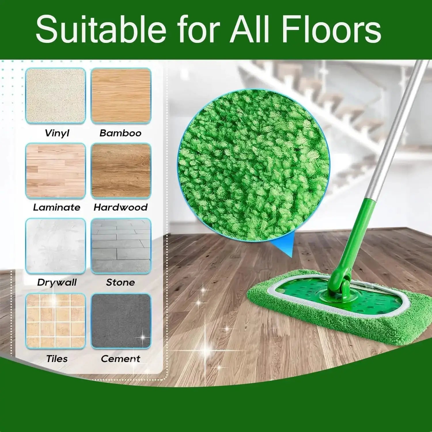 Simples Market microfiber mop pads; reusable green wet and dry mop head for all floor types.