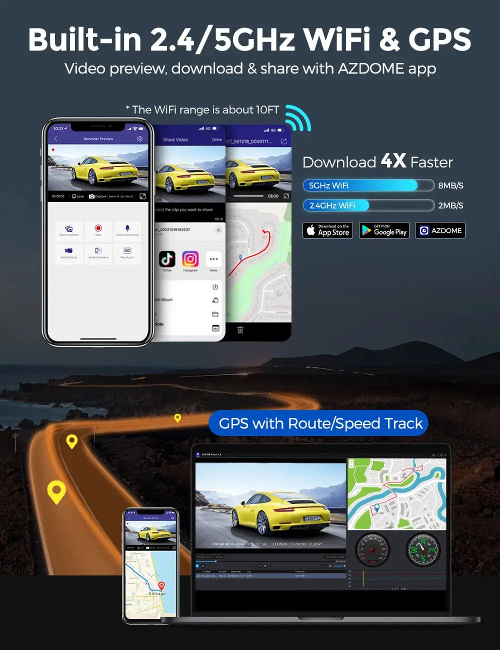 AZDOME M550 Pro dash cam (black) by Simples Market; 3 phones shown, 2/3-channel DVR, 2.4/5GHz WiFi, GPS, 3.19-inch IPS.